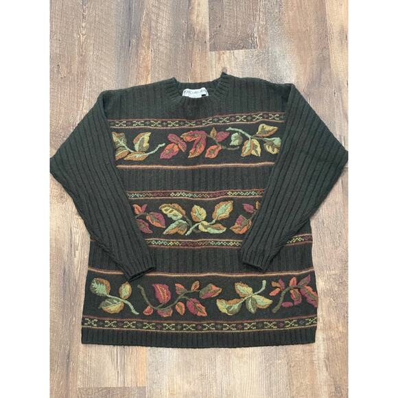 JH Collectibles Wool Blend Olive embroidered crewneck with leaf motif VTG Large - Picture 1 of 13